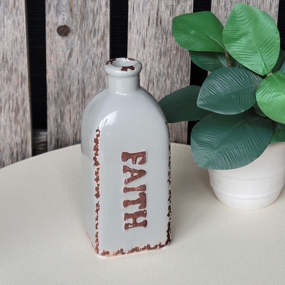Stonebriar Smoky Gray Rustic Ceramic Bud Vase with Faith Inscription
